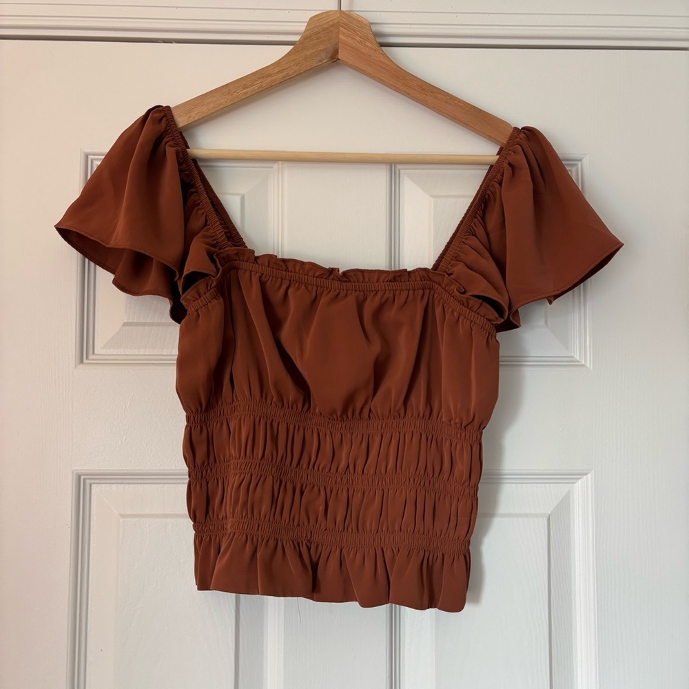 Abercrombie and Fitch Flutter Sleeve Smocked Top Crop Tank Brown Rust M Flowy - Picture 3 of 7